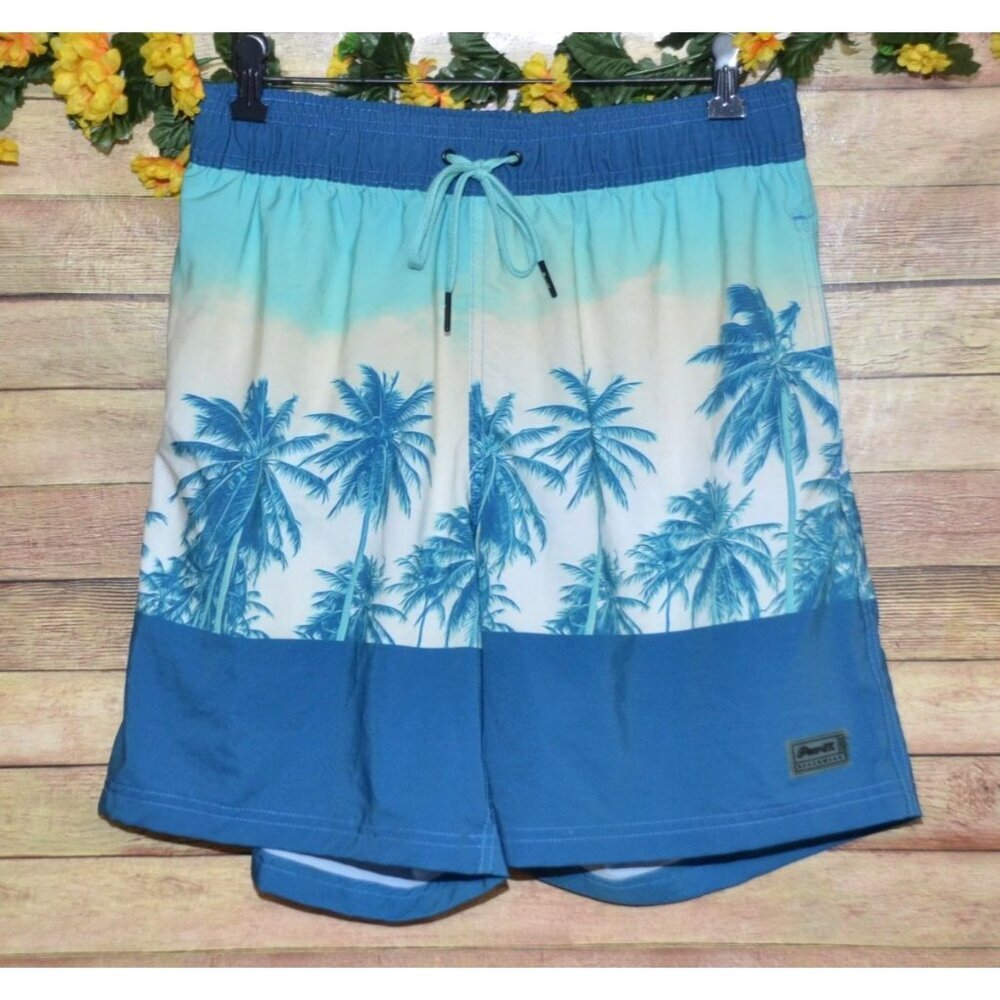 Pier 27 Caribbean Life Men's Blue Hawaiian Palm Print Swim Trunks Shorts Size L